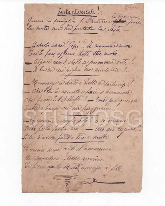 MANOSCRITTO 1908 POESIA IN DIALETTO NAPOLETANO FESTA NTUSSECATE!.