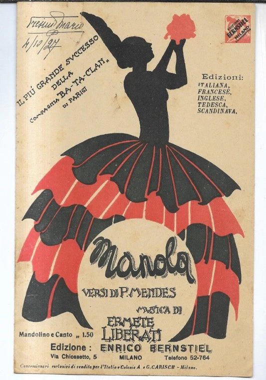 MANOLA di P. Mendes - Ermete Liberati, 1927, Enrico Bernstiel Mandolino e cant