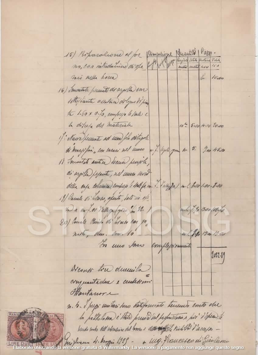 MANOSCRITTO 1929 COMPUTO METRICO E STIMA DI LAVORI CASA COLONICA GIUGLIANO BOLLI