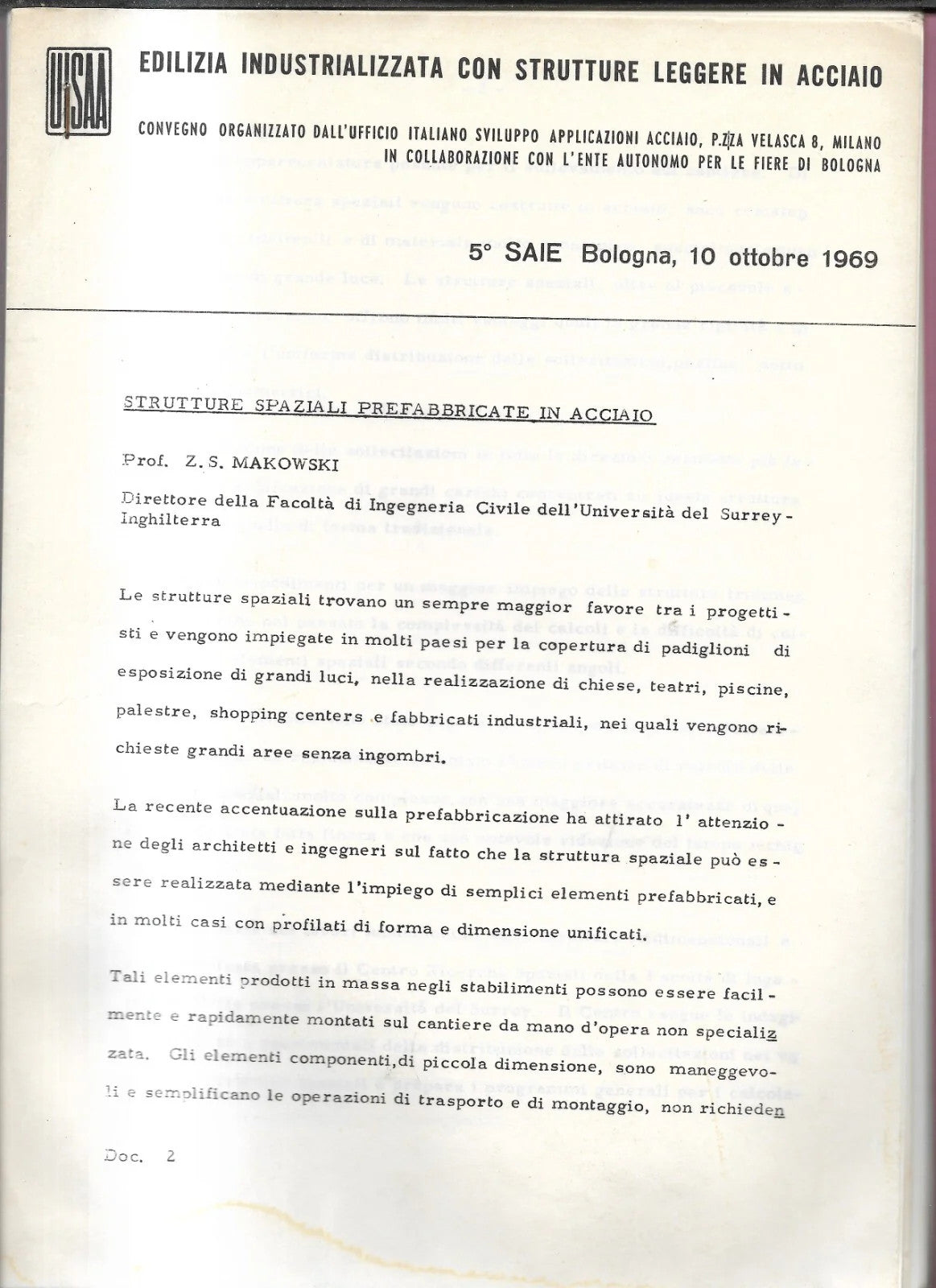 STRUTTURE SPAZIALI PREFABBRICATE IN ACCIAIO Z. S. MAKOWSKI 1969 UISAA