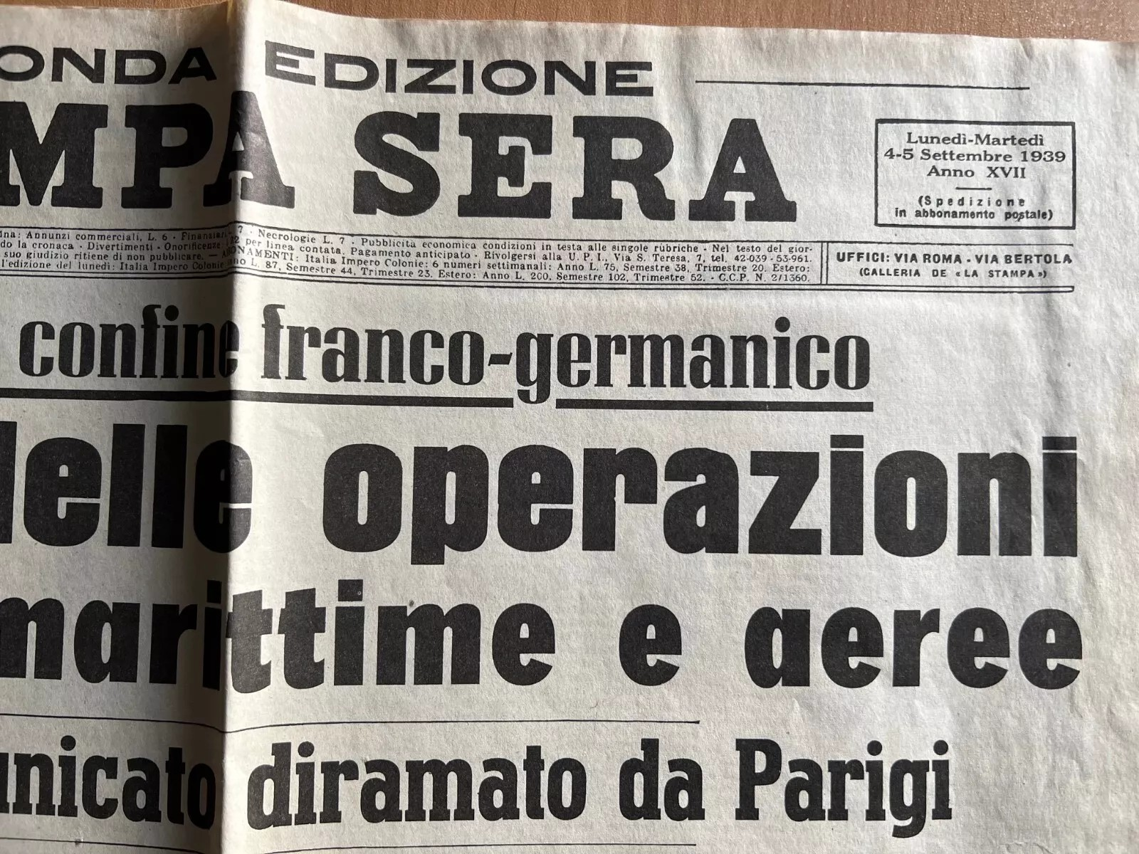 SECONDA GUERRA MONDIALE 4 SETTEMBRE 1939 STAMPA SERA INIZIO OPERAZIONI TERRESTRI