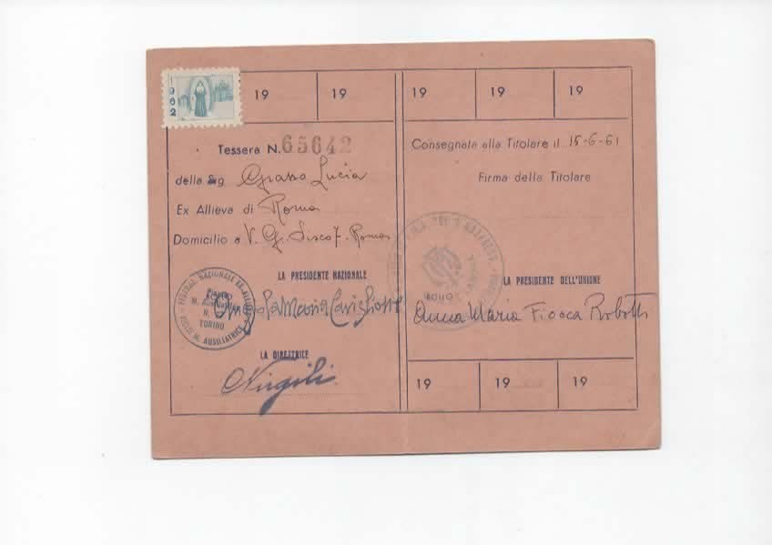 TESSERA FEDERZIONE NAZIONALE EX ALLIEVE FIGLIE MARIA AUSILIATRICE 1962 BOLLINO
