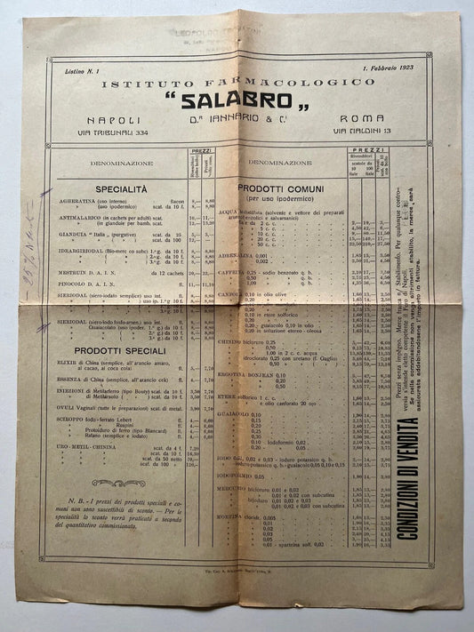 1923 LISTINO PER FARMACISTI ISTITUTO FARMACOLOGICO SALABRO NAPOLI CM 42 X 31,5
