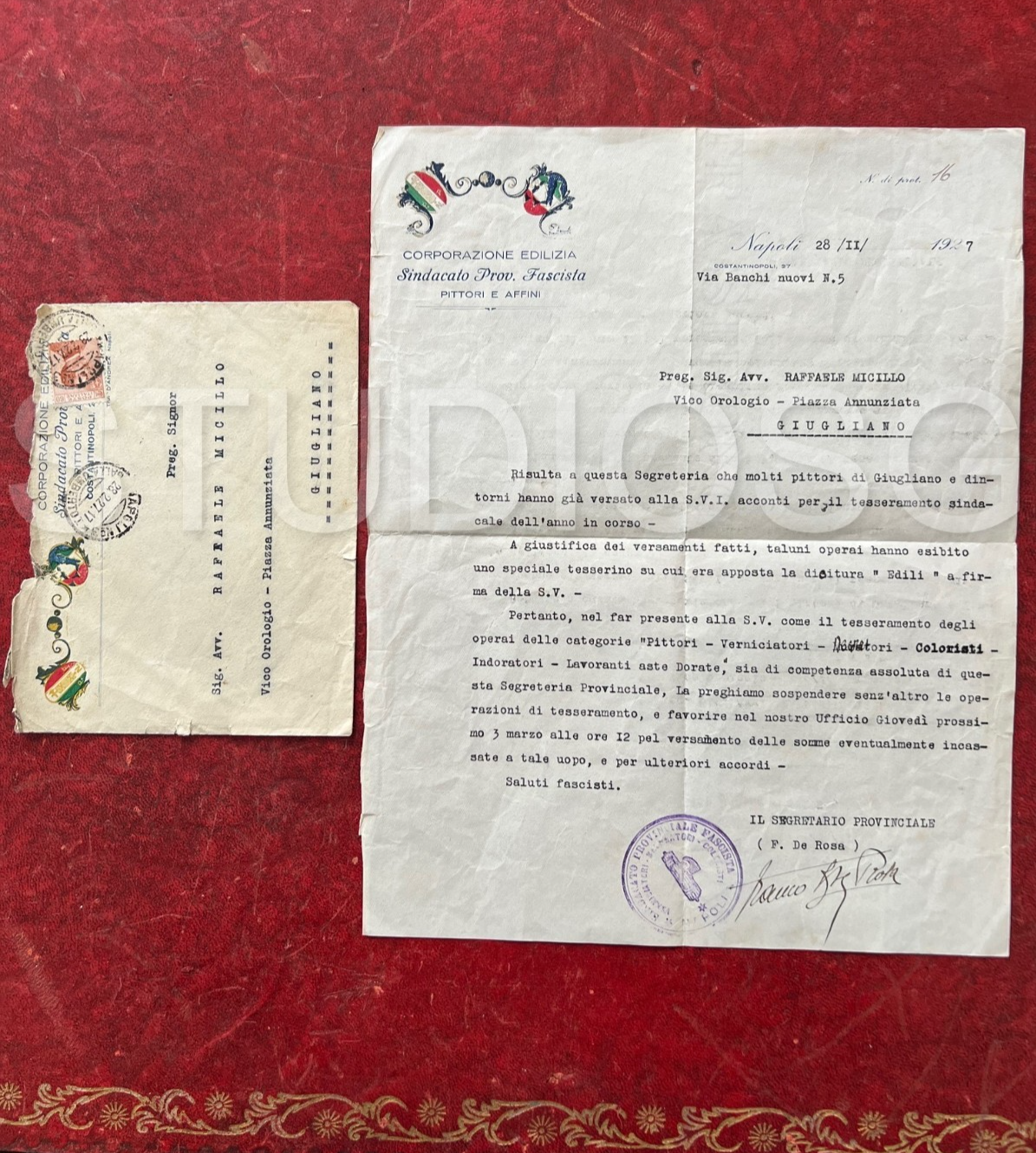 LETTERA E BUSTA 1927 CORPORAZIONE EDILIZIA SINDACATO FASCISTA PITTORI E AFFINI
