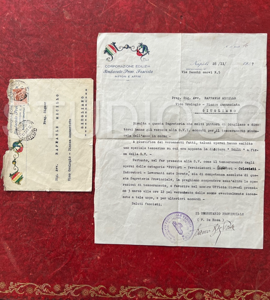 LETTERA E BUSTA 1927 CORPORAZIONE EDILIZIA SINDACATO FASCISTA PITTORI E AFFINI