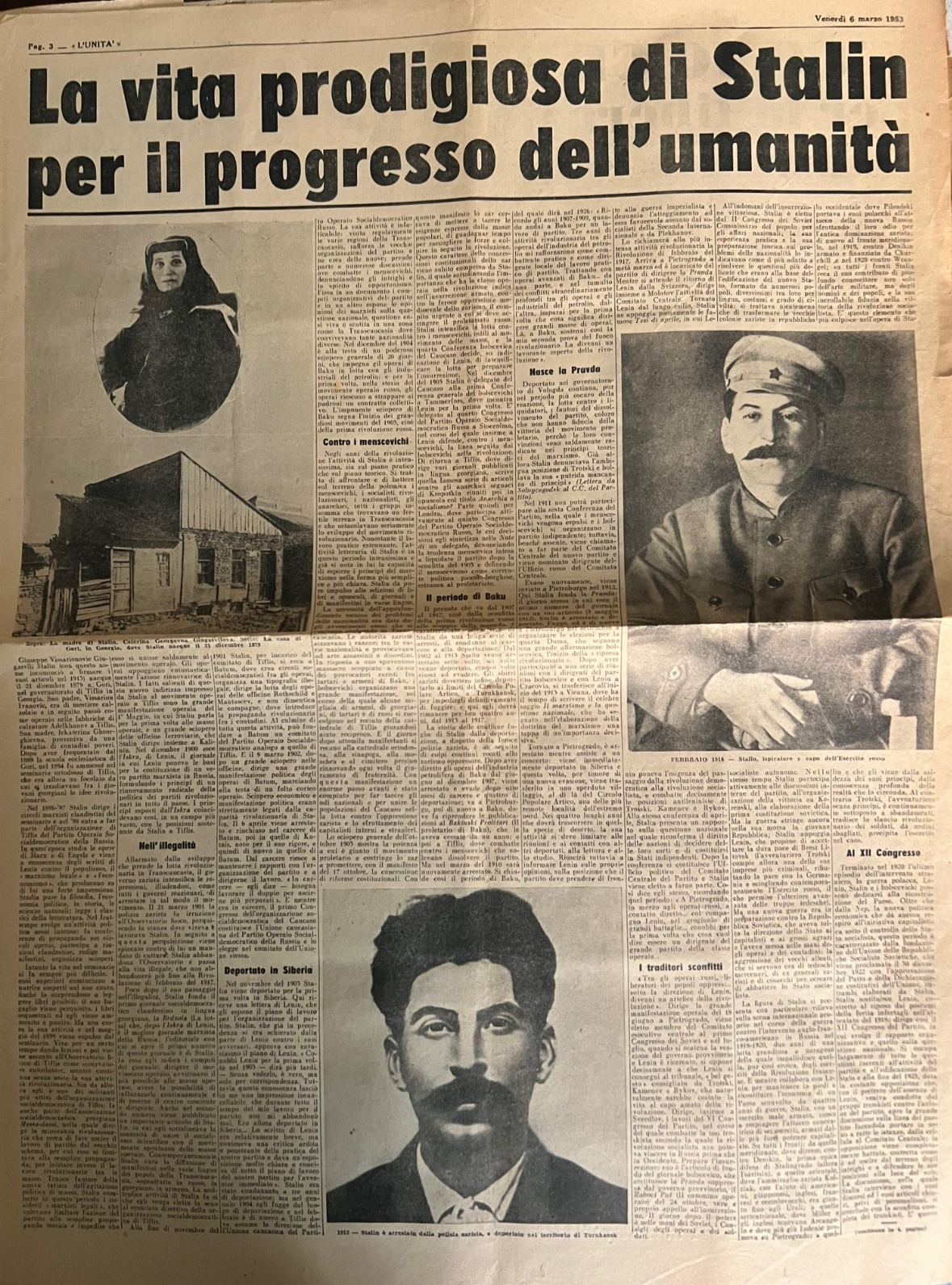 L'UNITA' STALIN E' MORTO VENERDI 6 MARZO 1953 COMPLETO COMUNISMO URSS BOLSCEVISM