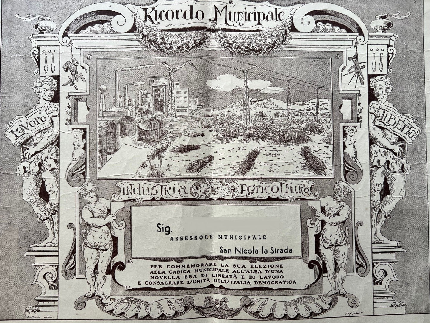 DIPLOMA ASSESSORE MUNICIPALE 1951 SAN NICOLA LA STRADA CASERTA