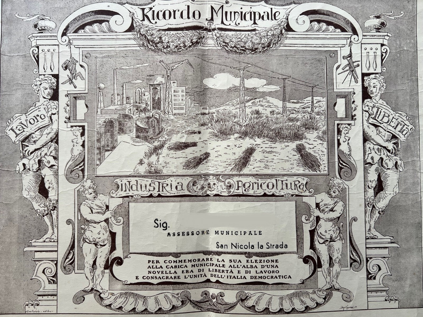 DIPLOMA ASSESSORE MUNICIPALE 1951 SAN NICOLA LA STRADA CASERTA