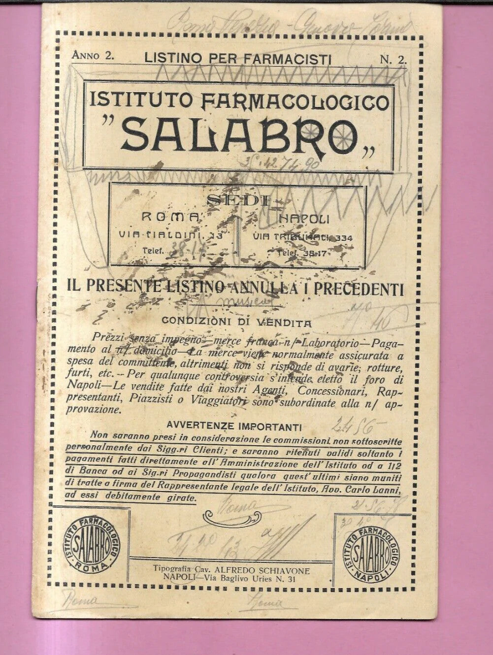 1923 LISTINO PER FARMACISTI ISTITUTO FARMACOLOGICO SALABRO ROMA - NAPOLI