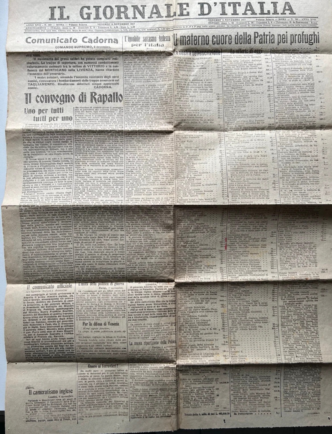1917 QUOTIDIANO IL GIORNALE D'ITALIA 9 NOVEMBRE COMUNICATO CADORNA WWI