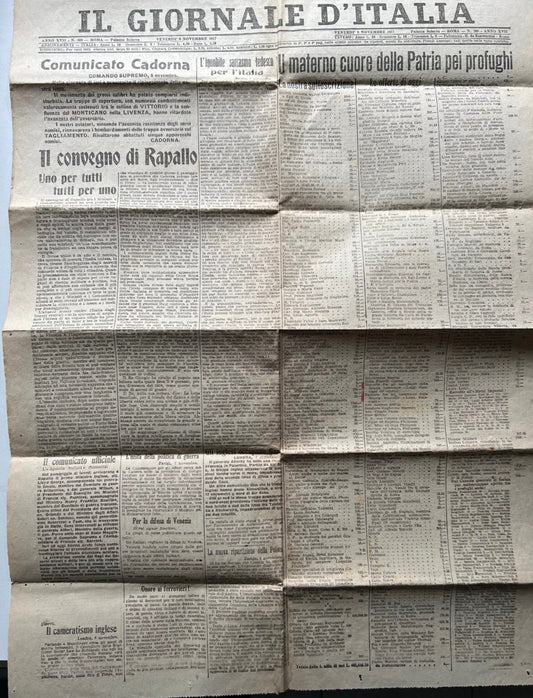 1917 QUOTIDIANO IL GIORNALE D'ITALIA 9 NOVEMBRE COMUNICATO CADORNA WWI