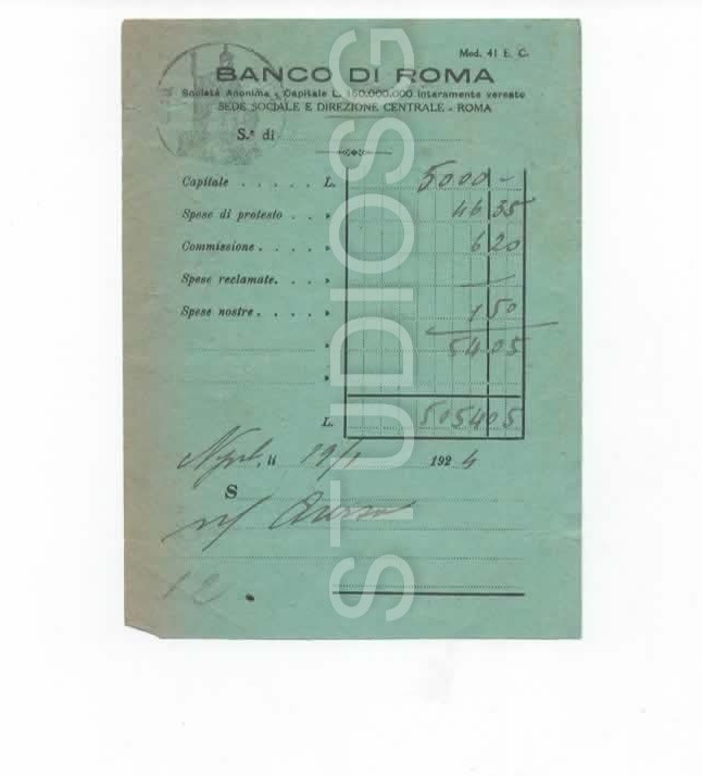 BANCO DI ROMA 1924 RICEVUTA CON BOLLO  EFFETTI CAMBIARI PROTESTO