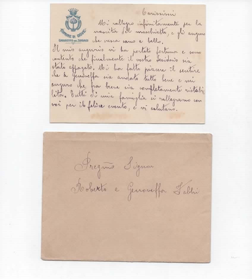 BIGLIETTO 1917 COMUNE DI GIOVE GABINETTO DEL SINDACO CIRO PIACCIALUTI AUTOGRAFAT