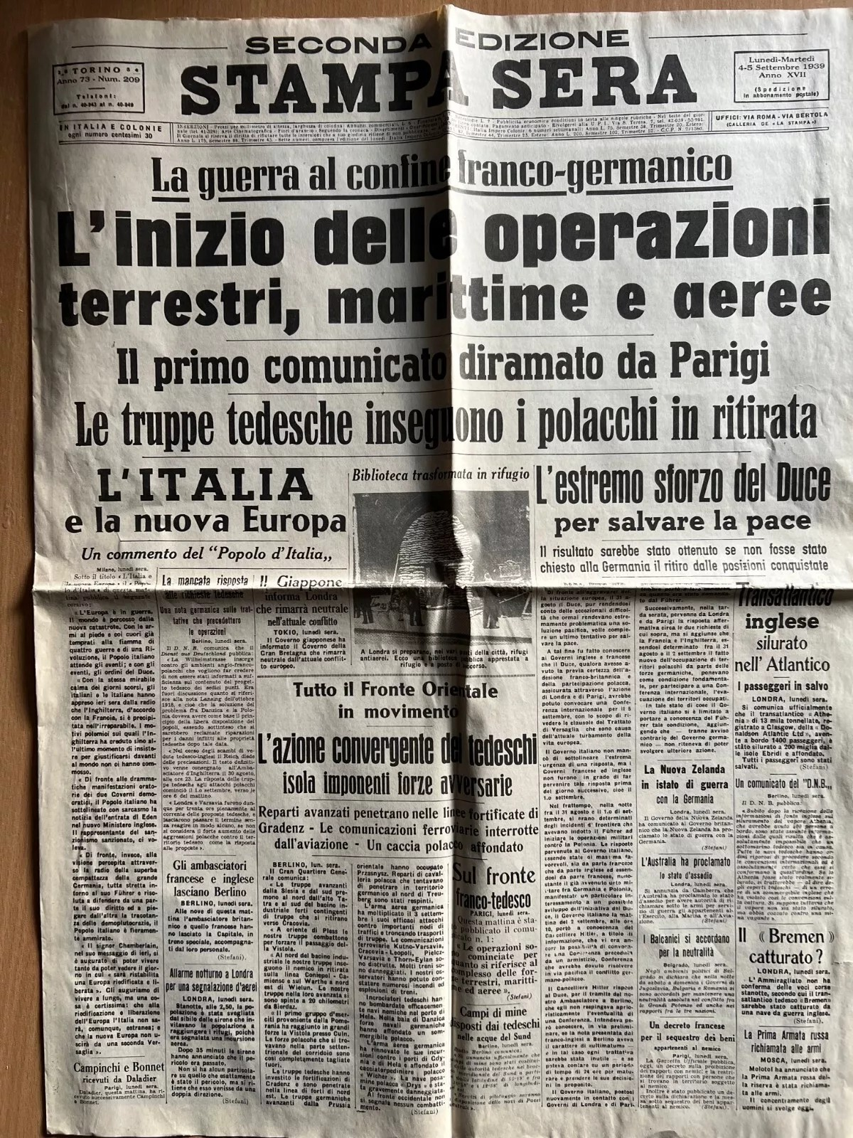 SECONDA GUERRA MONDIALE 4 SETTEMBRE 1939 STAMPA SERA INIZIO OPERAZIONI TERRESTRI