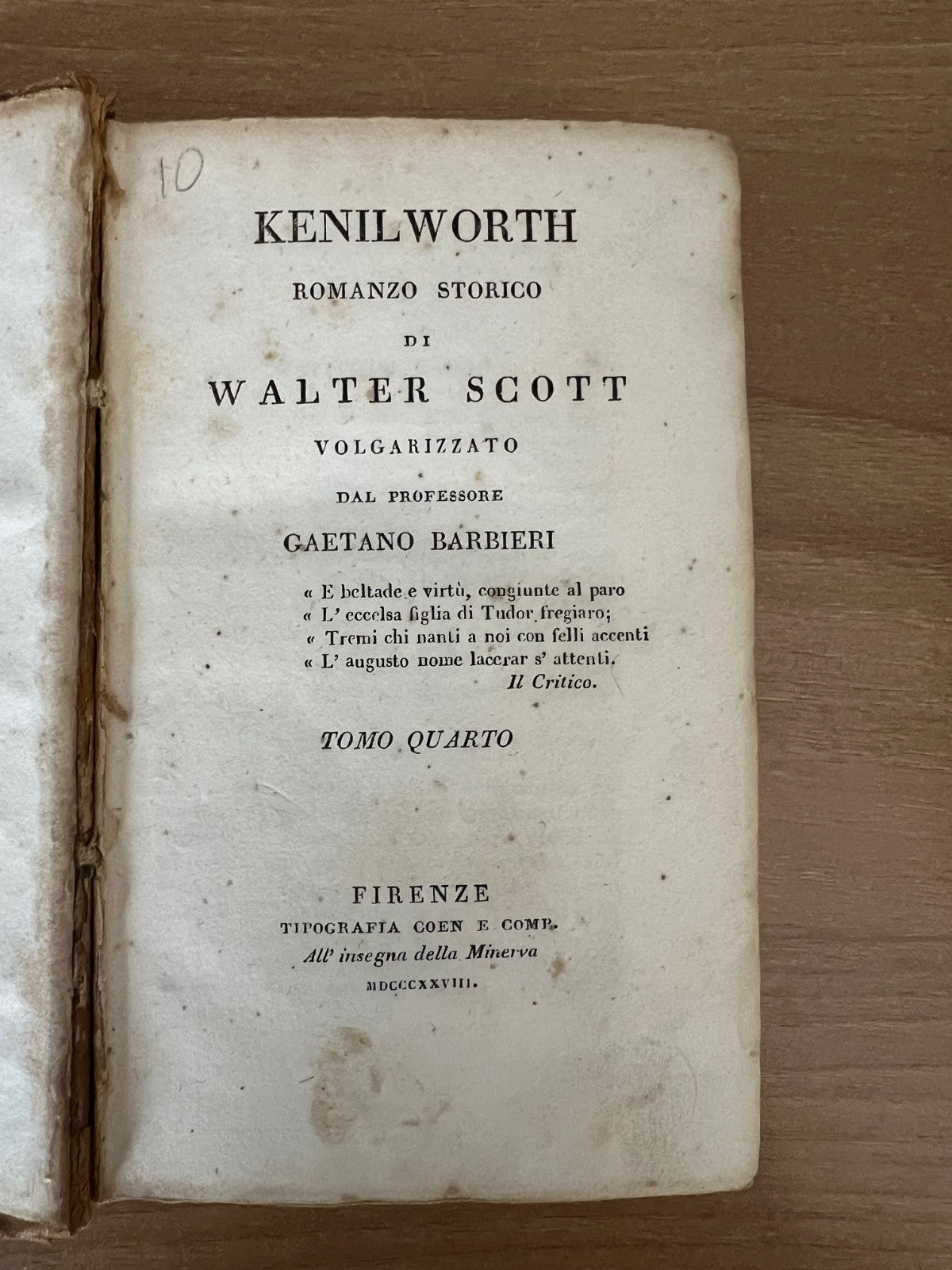 KENILWORTH ROMANZO STORICO DI WALTER SCOTT - G. BARBIERI 1828 FIRENZE TIP. COEN