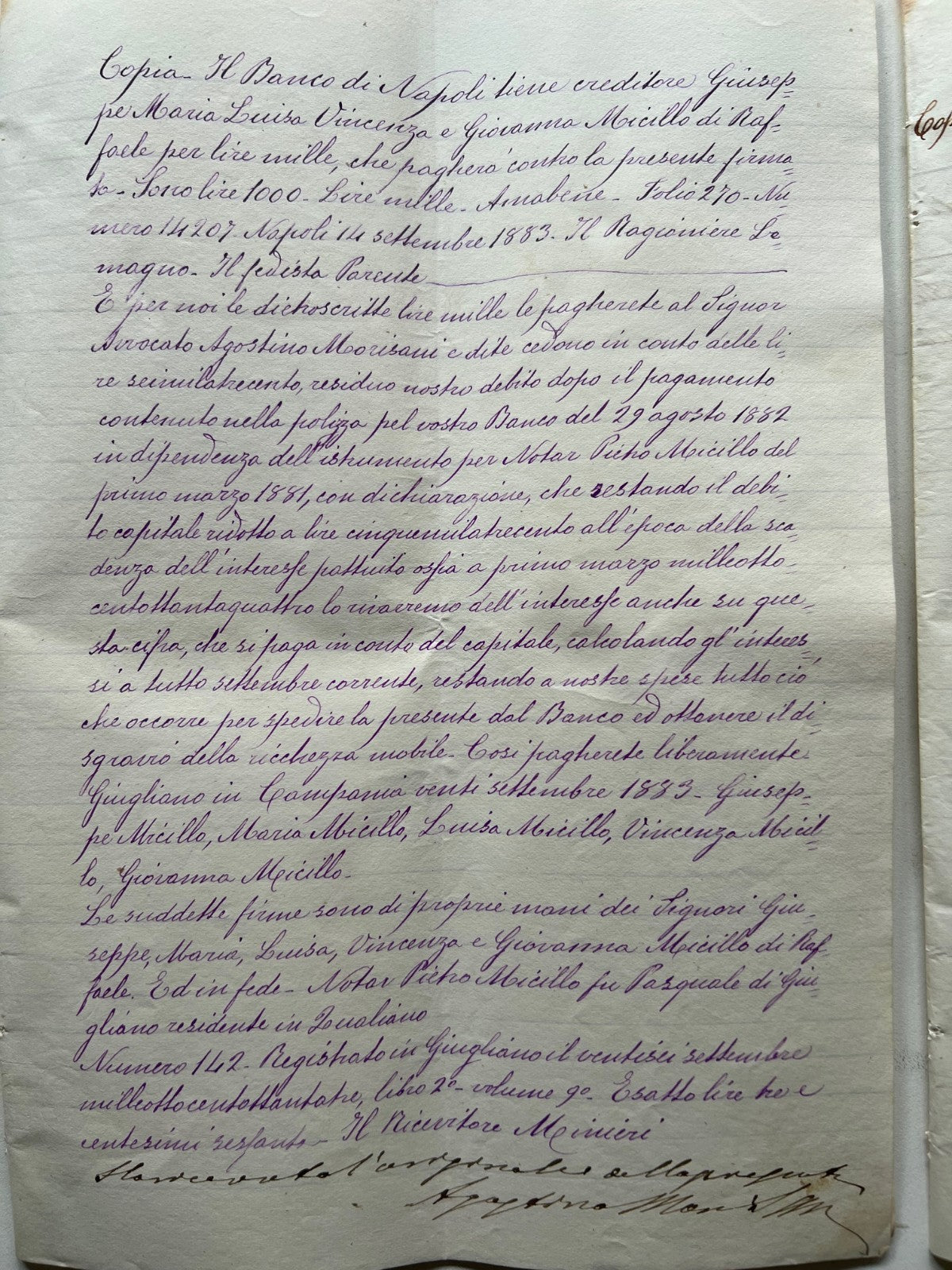 Banco di Napoli Fede di credito 1883 , 2 Manoscritti Giugliano