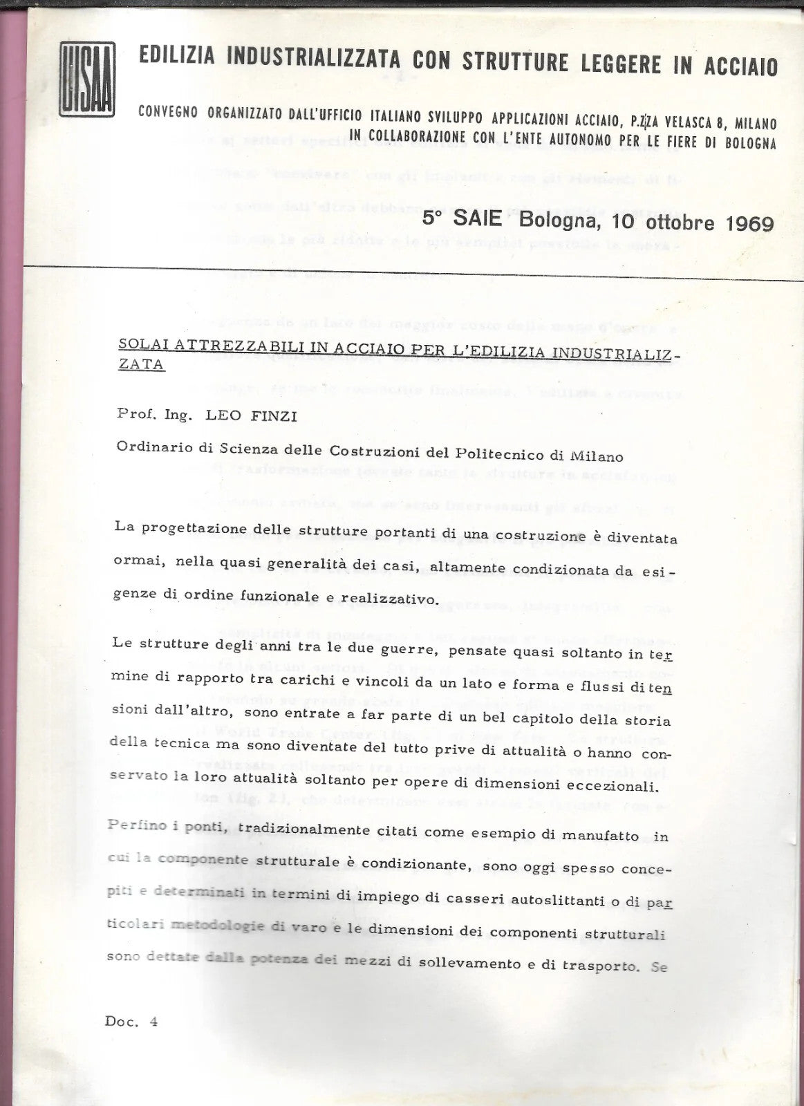 SOLAI ATTREZZABILI IN ACCIAIO PER L'EDILIZIA INDUSTRIALIZZATA LEO FINZI 1969 UIS