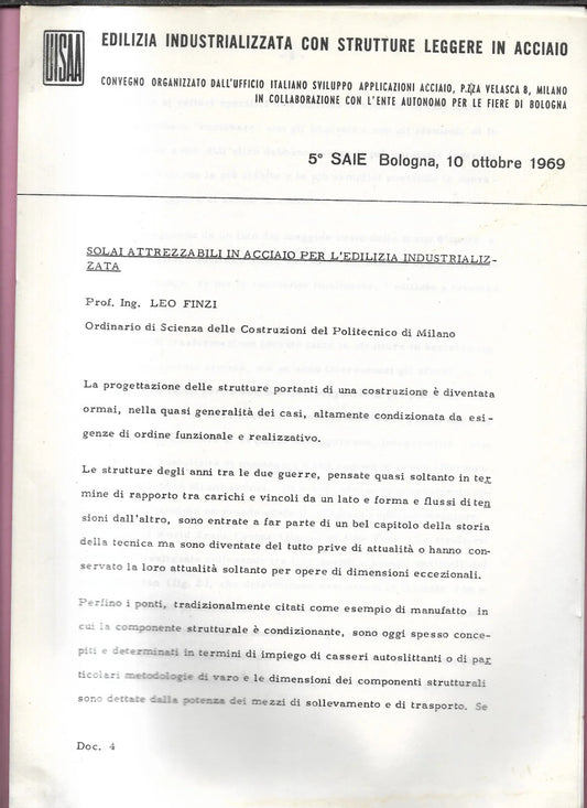 SOLAI ATTREZZABILI IN ACCIAIO PER L'EDILIZIA INDUSTRIALIZZATA LEO FINZI 1969 UIS