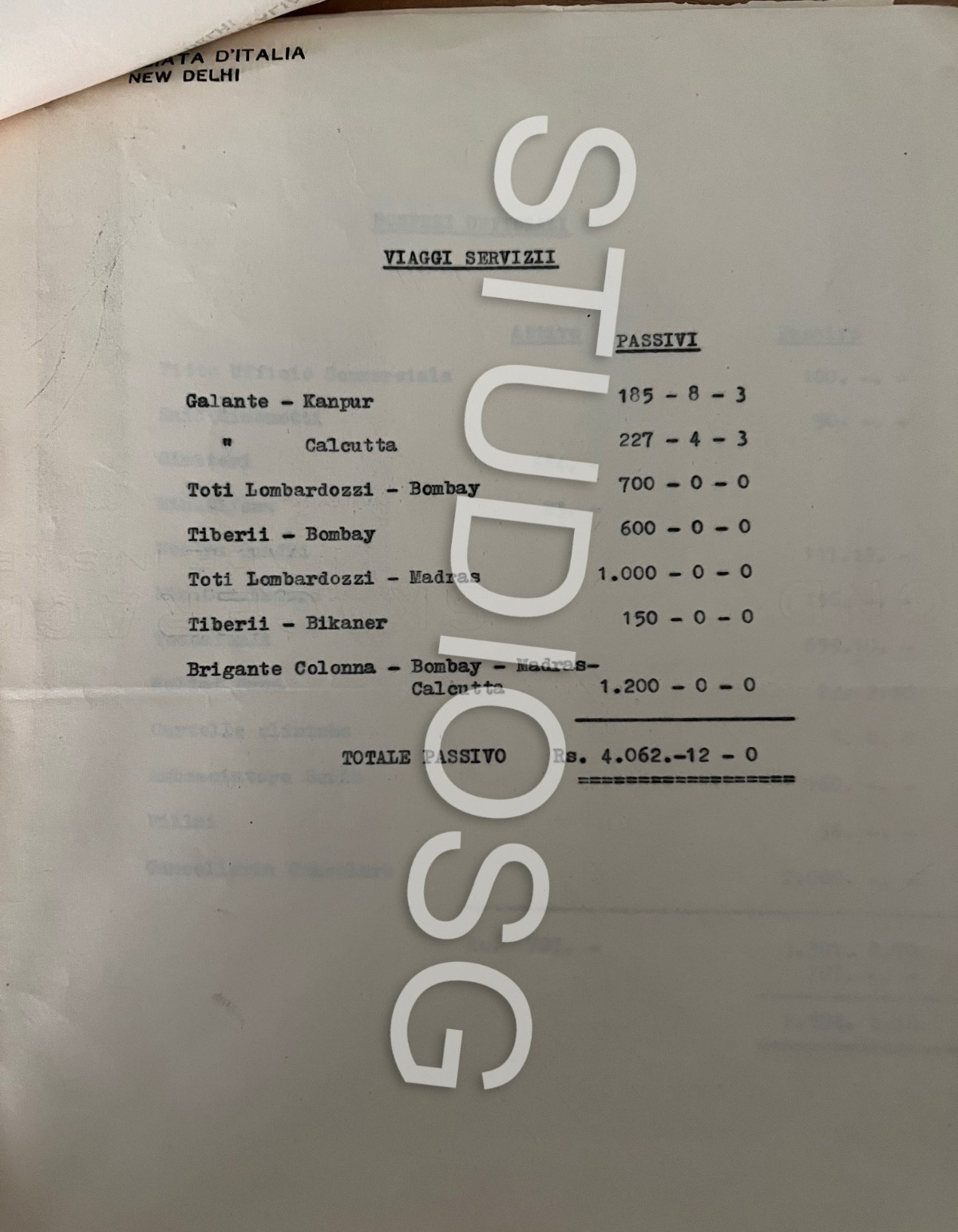1956 AMBASCIATA D'ITALIA NEW DELHI DOCUMENTO STORICO 7 PAGINE CONTABILITA'