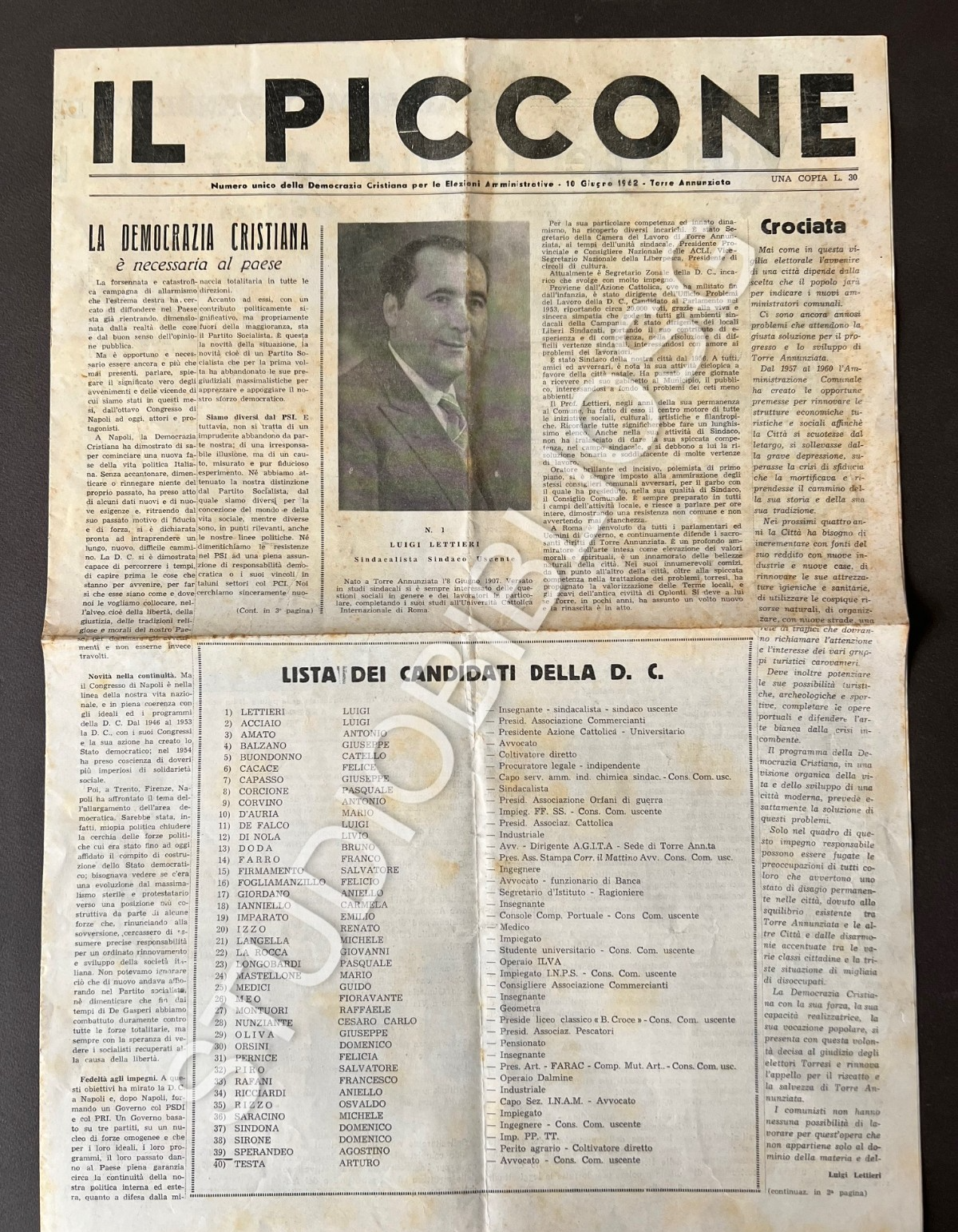 TORRE ANNUNZIATA IL PICCONE 1962 NUMERO UNICO DEMOCRAZIA CRISTIANA ELEZIONI FOTO