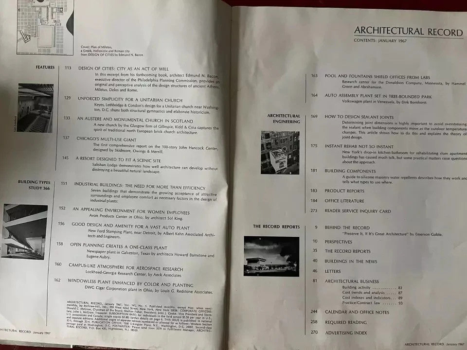 INGEGNERIA ARCHITETTURA RIVISTA ARCHITECTURAL RECORD GENNAIO 1967 N°1 McGRAW HIL
