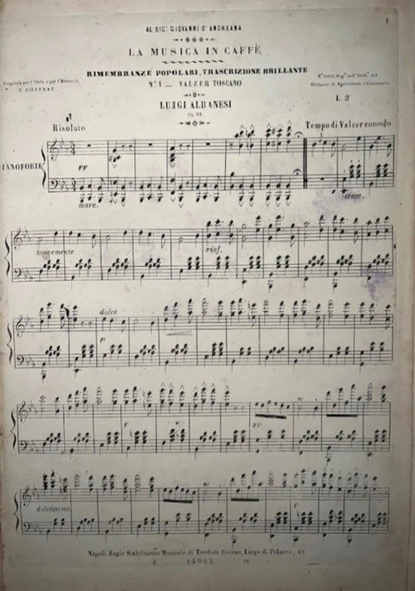 SPARTITO 1865 La Musica in Caffe’ - Valzer Toscano Luigi Albanesi, Rimembranze