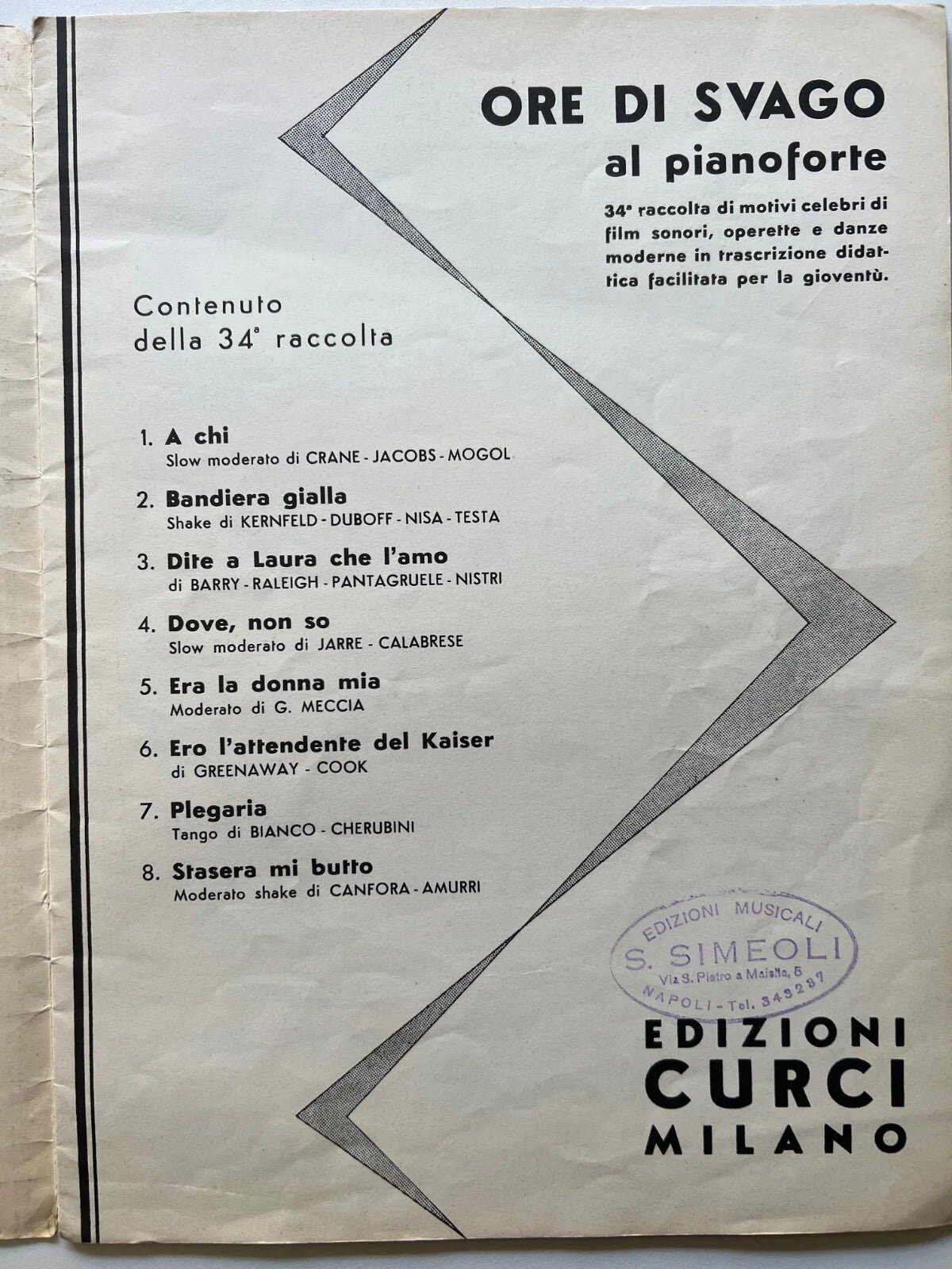 SPARTITO ORE DI SVAGO AL PIANOFORTE 34° FASCICOLO 1967 EDIZIONI CURCI