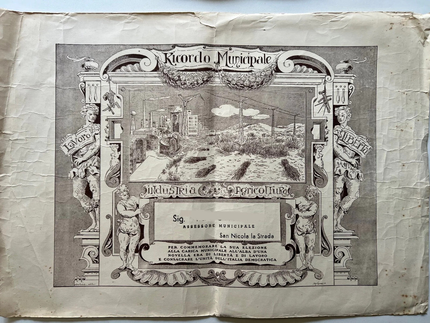 DIPLOMA ASSESSORE MUNICIPALE 1951 SAN NICOLA LA STRADA CASERTA