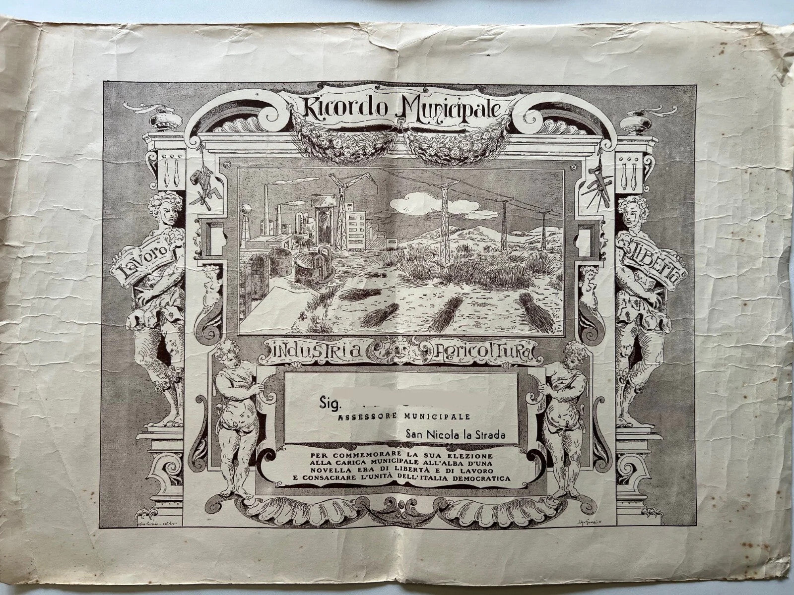 DIPLOMA ASSESSORE MUNICIPALE 1951 SAN NICOLA LA STRADA CASERTA