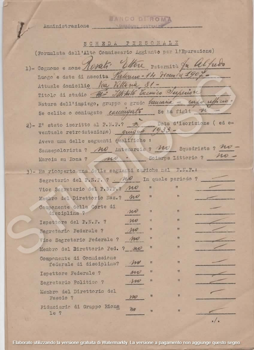 1943 FASCISMO EPURAZIONE VENTENNIO BANCO DI ROMA GOVERNO BADOGLIO DEFASCISTIZAZI