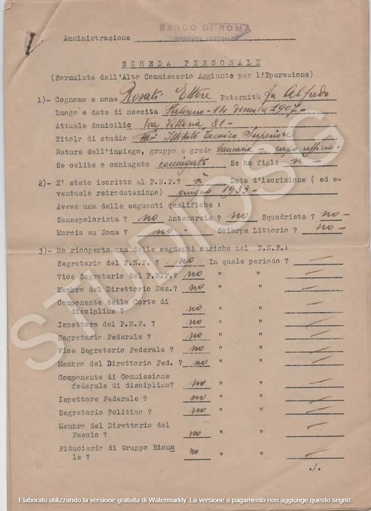 1943 FASCISMO EPURAZIONE VENTENNIO BANCO DI ROMA GOVERNO BADOGLIO DEFASCISTIZAZI