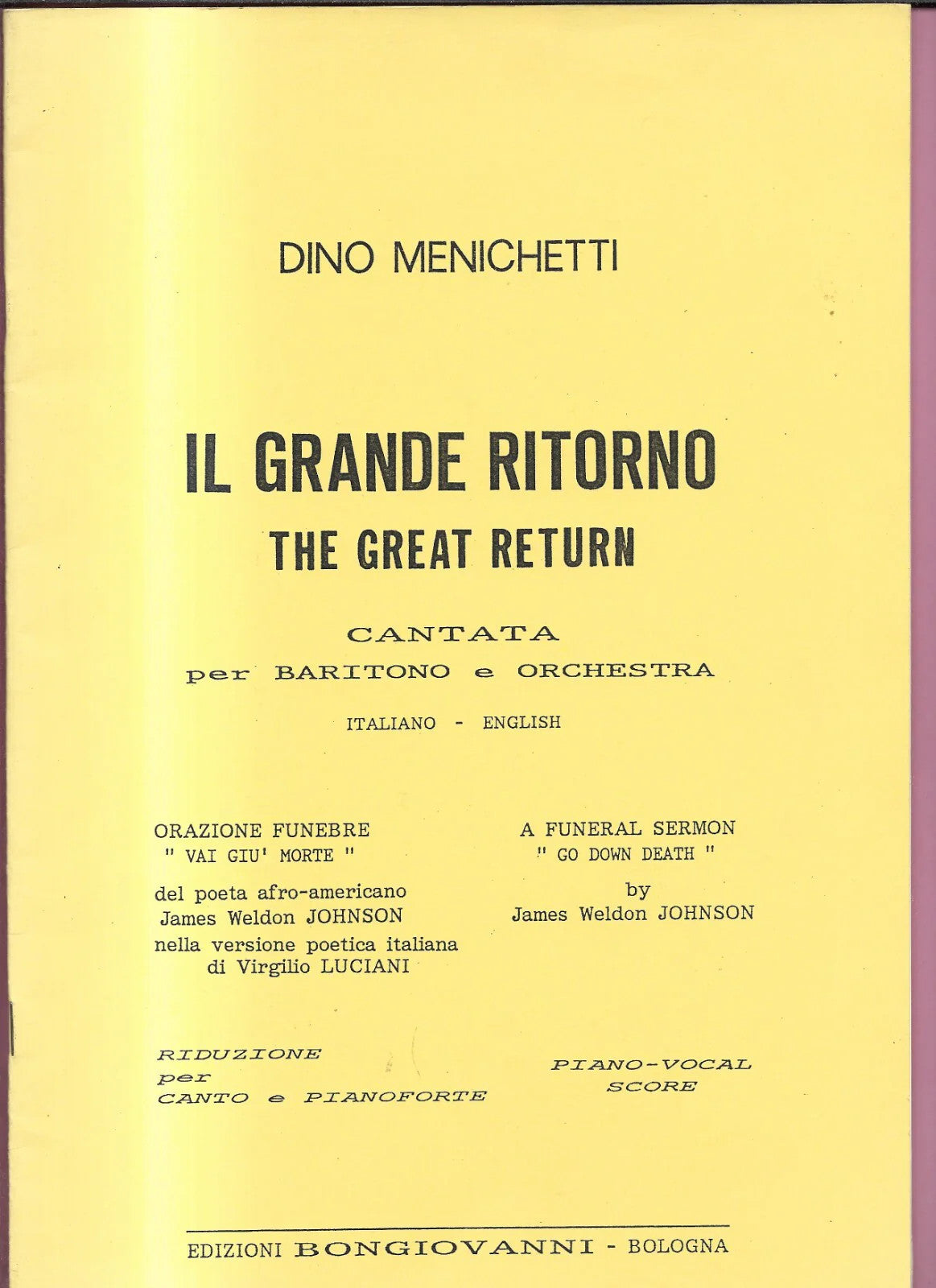 SPARTITO DINO MENICHETTI IL GRANDE RITORNO ORAZIONE FUNEBRE BARITONO 1993 BONGI