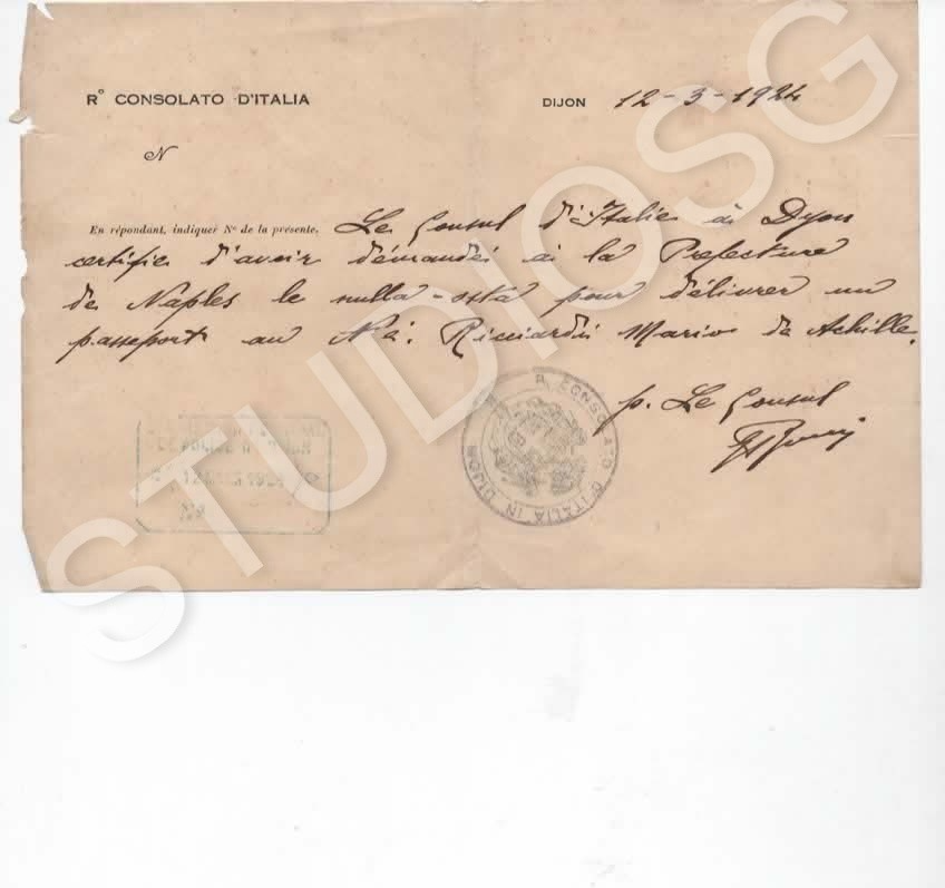 1924 CONSOLATO D'ITALIA A DIJON CERTIFICATO PER RILASCIO PASSAPORTO A RICCIARDI