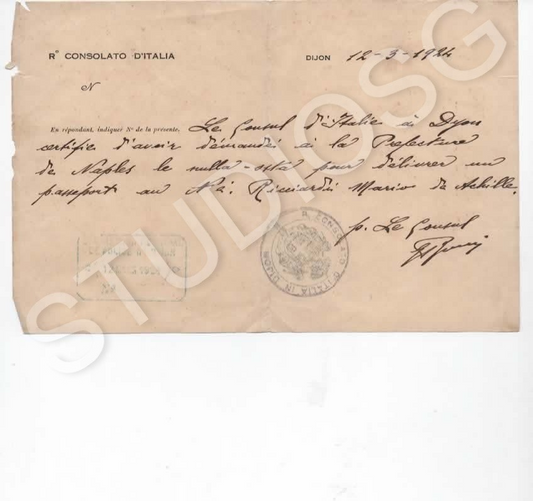 1924 CONSOLATO D'ITALIA A DIJON CERTIFICATO PER RILASCIO PASSAPORTO A RICCIARDI