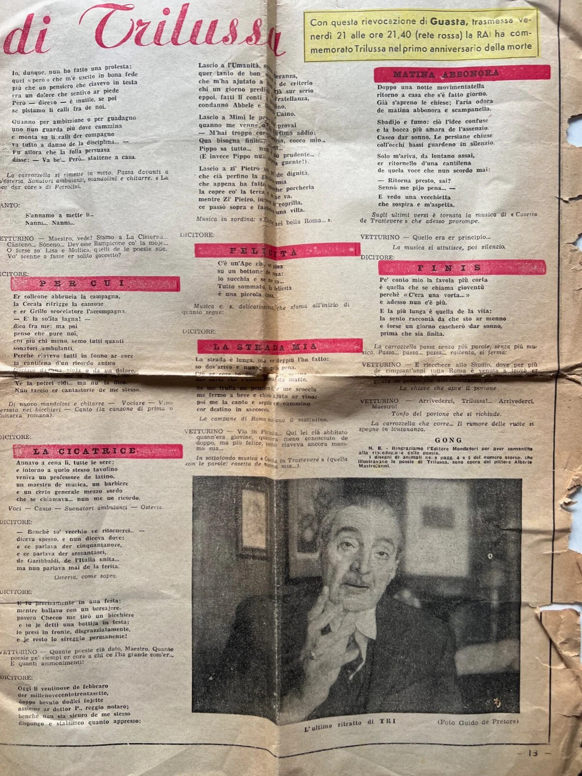 TRILUSSA 1951 CAFFE' CONCERTO GIORNALE IL TRAVASO PRIMO ANNIVERSARIO DELLA MORTE