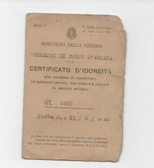 MINISTERO DELLA GUERRA CERTIFICATO D'IDONEITA' ALLA CONDOTTA DI AUTOVETTURE 1940