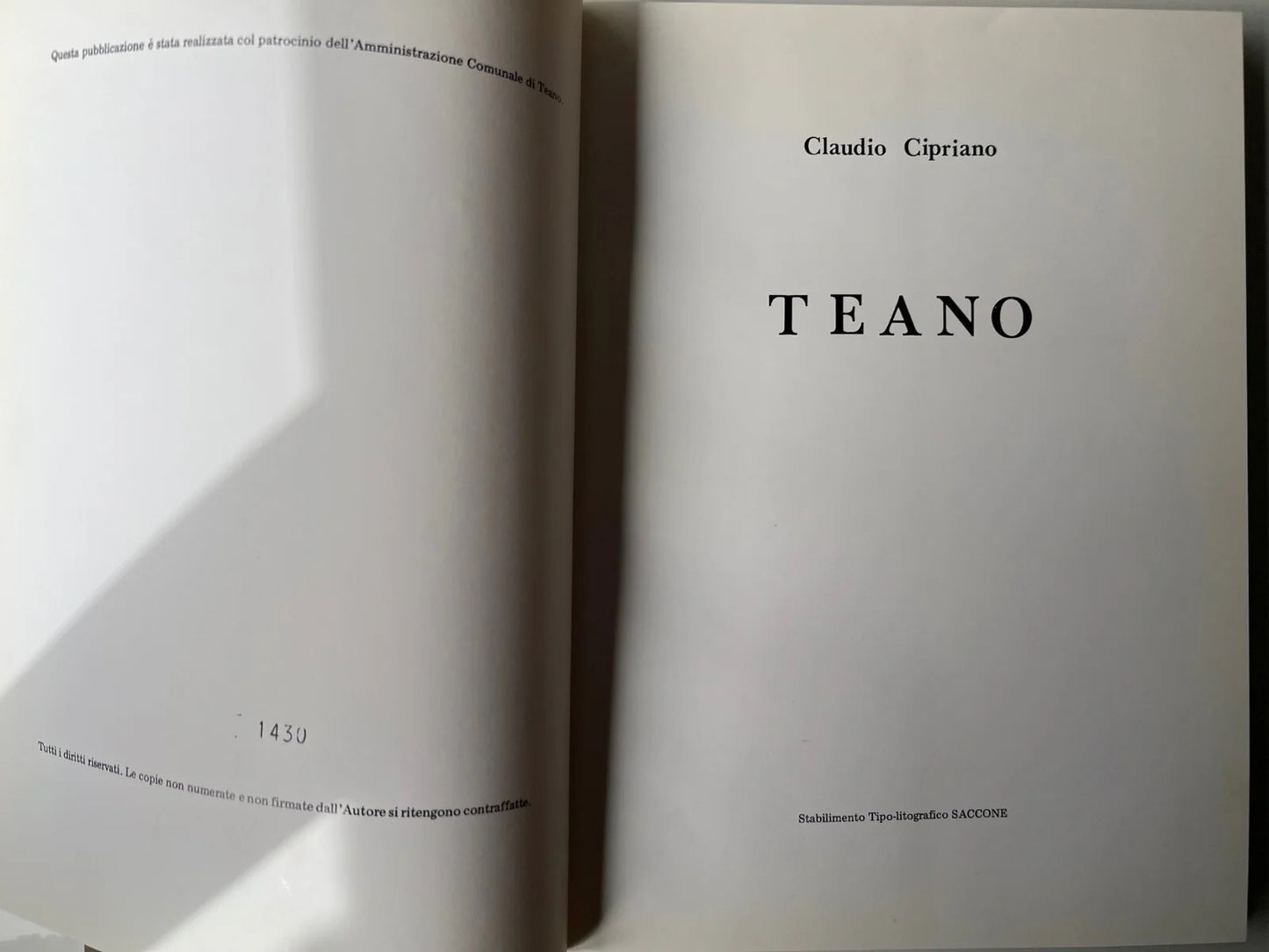 TEANO di Claudio Cipriano, 1982, Tipo Lito Saccone STORIA LOCALE, ARCHEOLOGIA