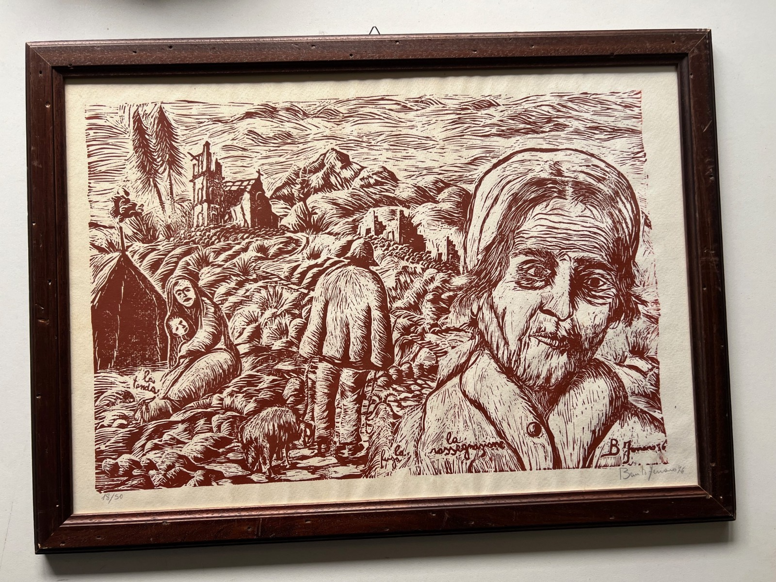 1976 TERREMOTO FRIULI XILOGRAFIA  BENITO FERRARO VICO EQUENSE cm 55 x 40