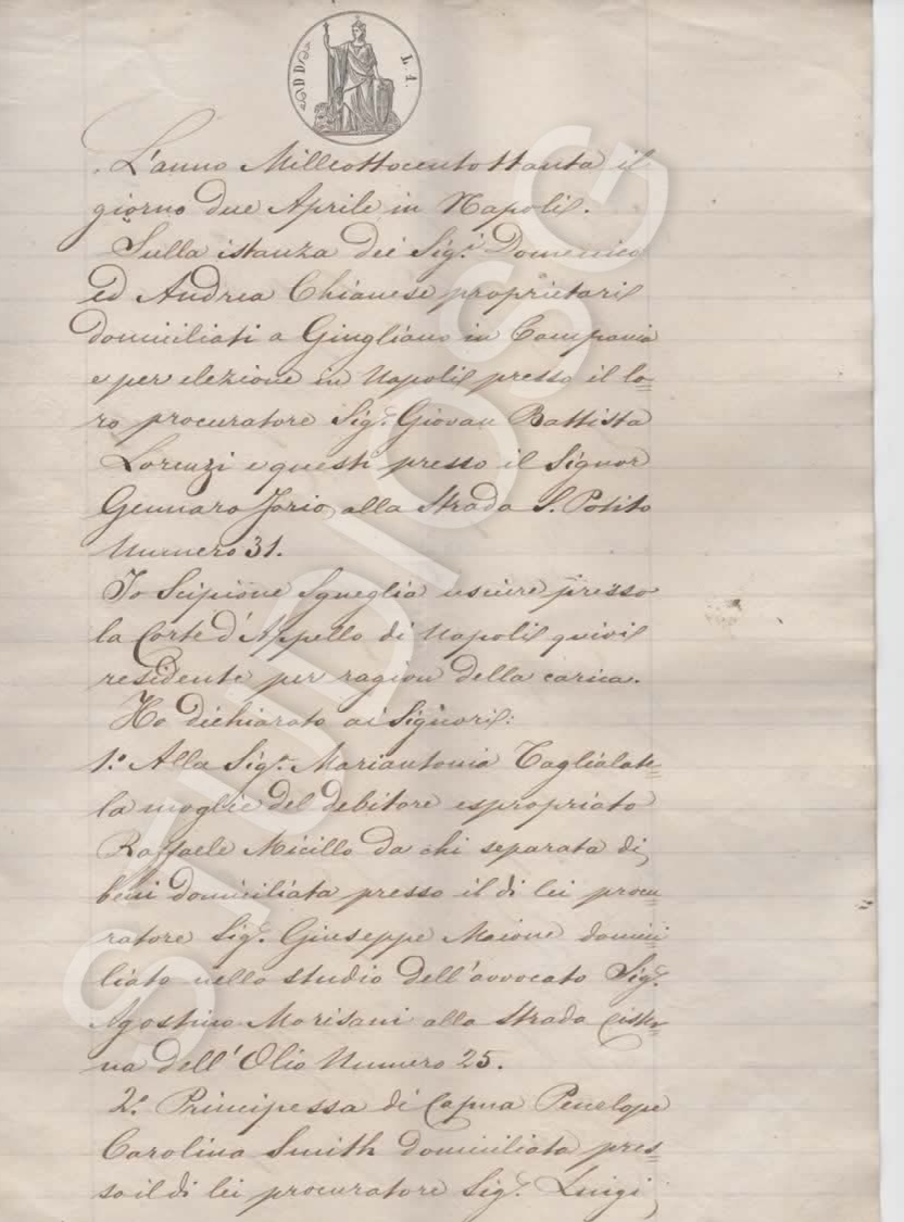 MANOSCRITTO 1880 PENELOPE CAROLINA SMITH MOGLIE C. BORBONE PRINCIPESSA DI CAPUA