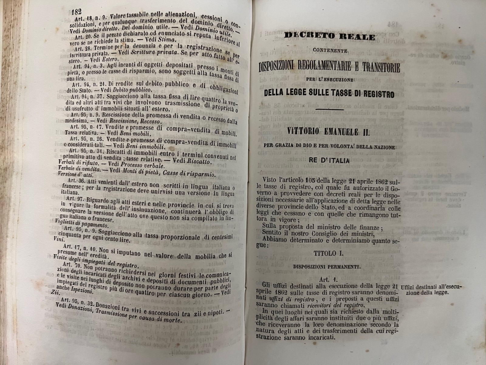 1862 MINISTERO DELLE FINANZE LEGGE SULLE TASSE DI REGISTRO NAPOLI CAV. G. NOBILE