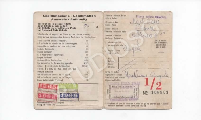 FERROVIE ITALIANE TESSERA 1965 CARTA DI LEGGITTIMAZIONE INTERNAZIONALE BOLLINI