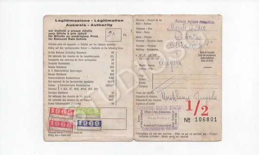 FERROVIE ITALIANE TESSERA 1965 CARTA DI LEGGITTIMAZIONE INTERNAZIONALE BOLLINI