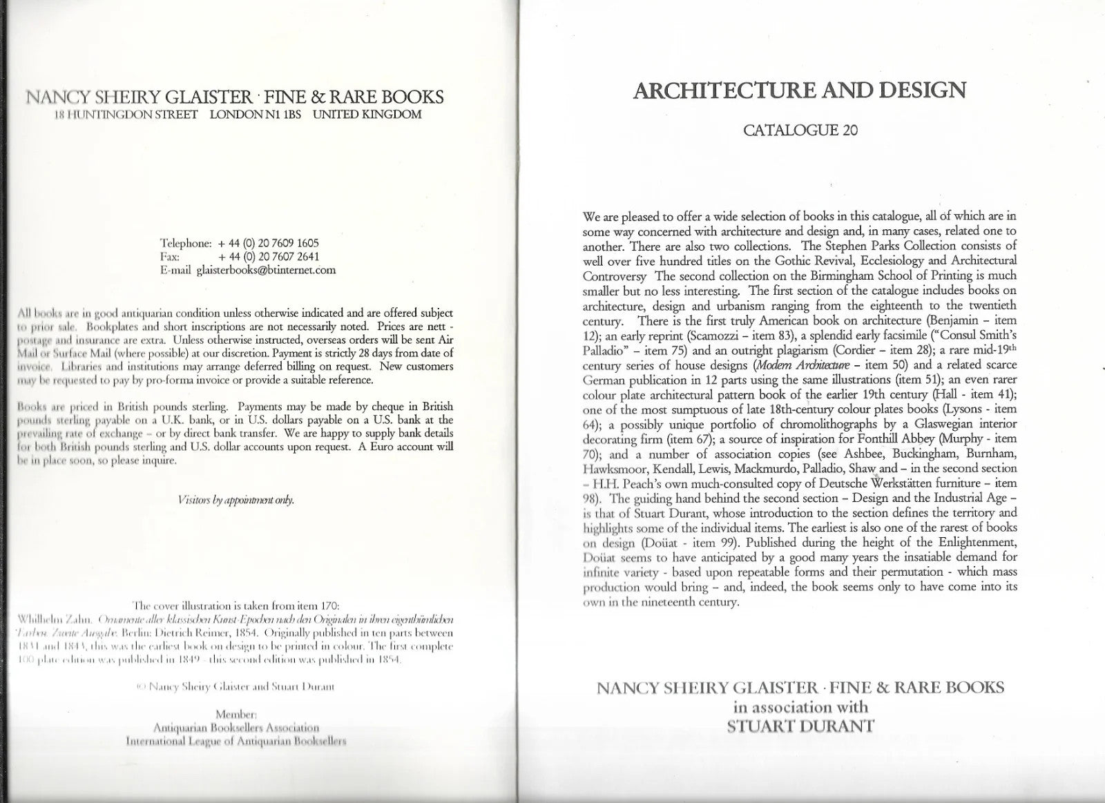 Bookseller Catalogue Architecure and Design Stuart Durant Nancy Sheiry Glaister