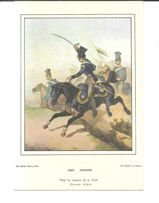 MILITARI A CAVALLO ARMATA PRUSSIANA I° REG. LANCIERI VECCHIA STAMPA COLORI