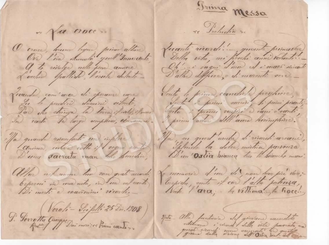 1908 MANOSCRITTO PADRE PERROTTA GIUSEPPE VEROLI SCIFELLI , PRIMA MESSA ,LA CROCE
