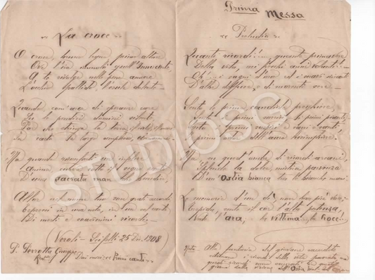 1908 MANOSCRITTO PADRE PERROTTA GIUSEPPE VEROLI SCIFELLI , PRIMA MESSA ,LA CROCE