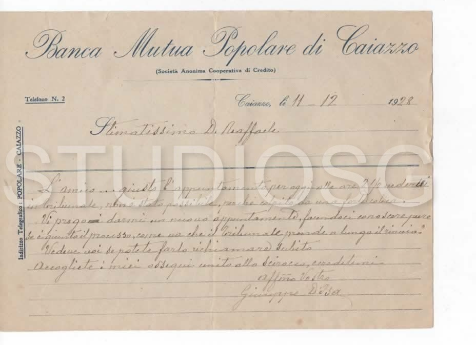 1928 BANCA MUTUA POPOLARE DI CAIAZZO CASERTA LETTERA CARTA INTESTATA