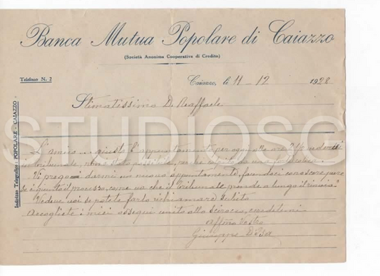 1928 BANCA MUTUA POPOLARE DI CAIAZZO CASERTA LETTERA CARTA INTESTATA