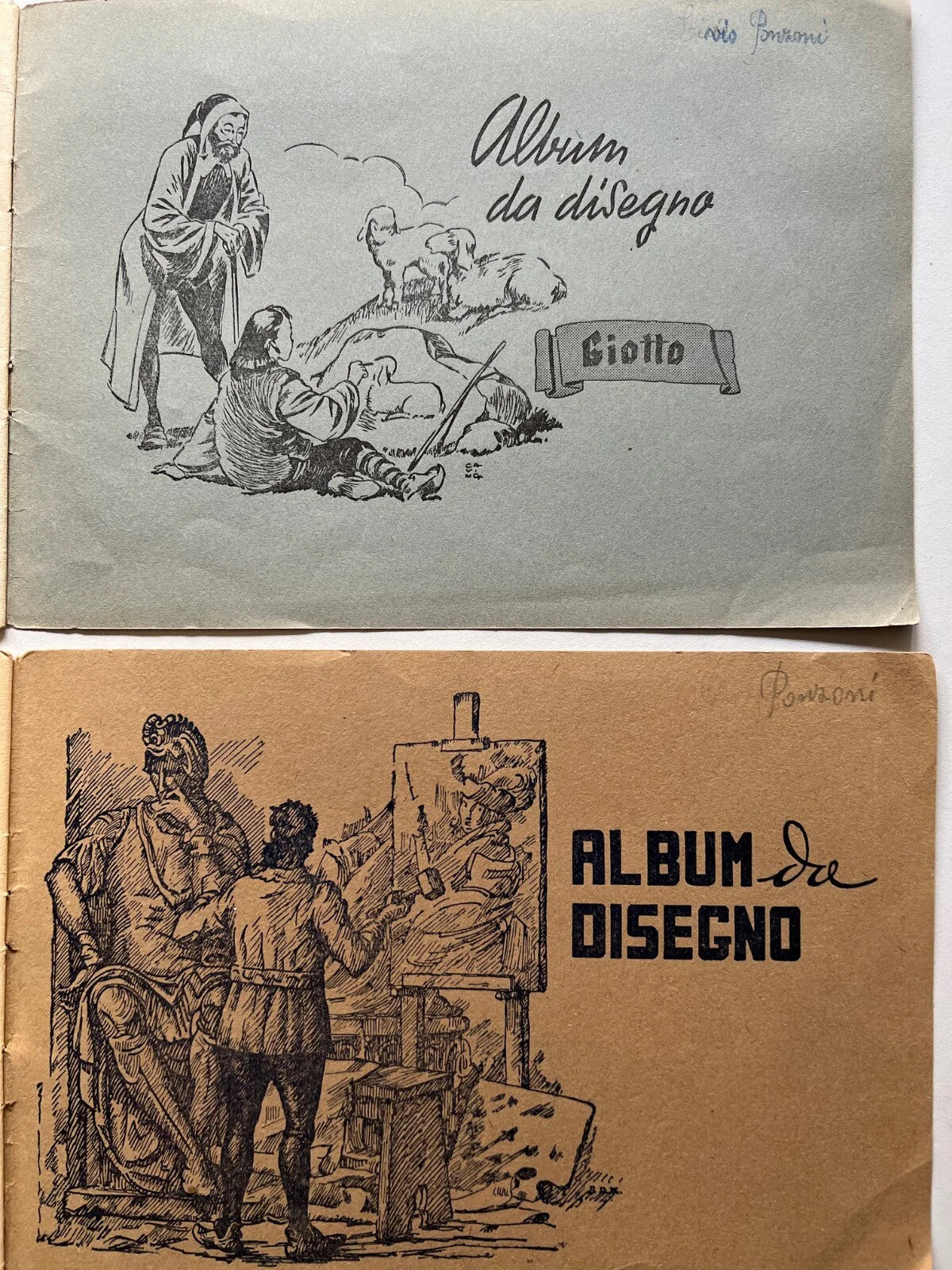 1951 2 ALBUM DA DISEGNO GIOTTO CON DISEGNI USATI QUADERNI SCUOLA D'EPOCA