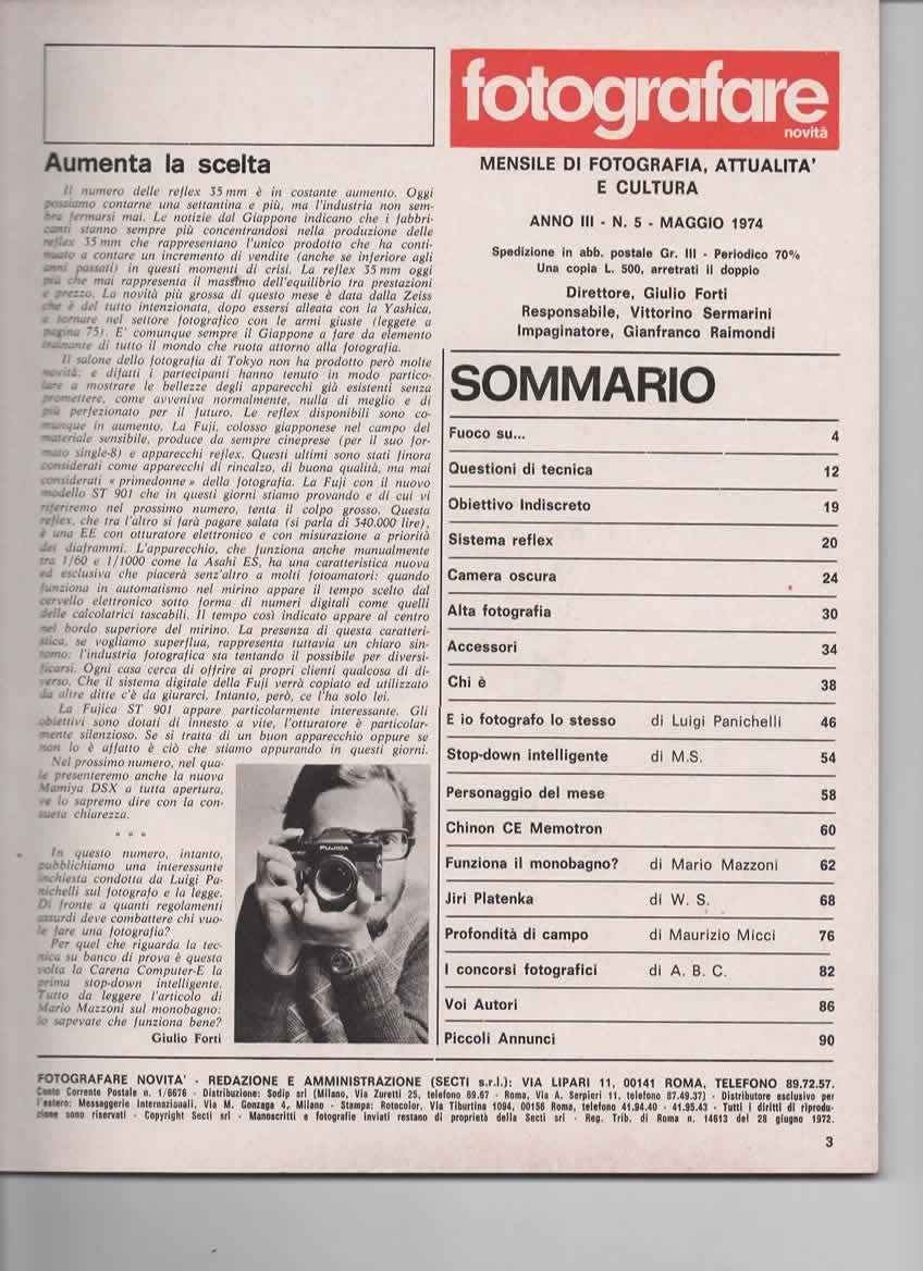 RIVISTA FOTOGRAFARE ANNO III N 5 MAGGIO 1974 - TORNA LA ZEISS